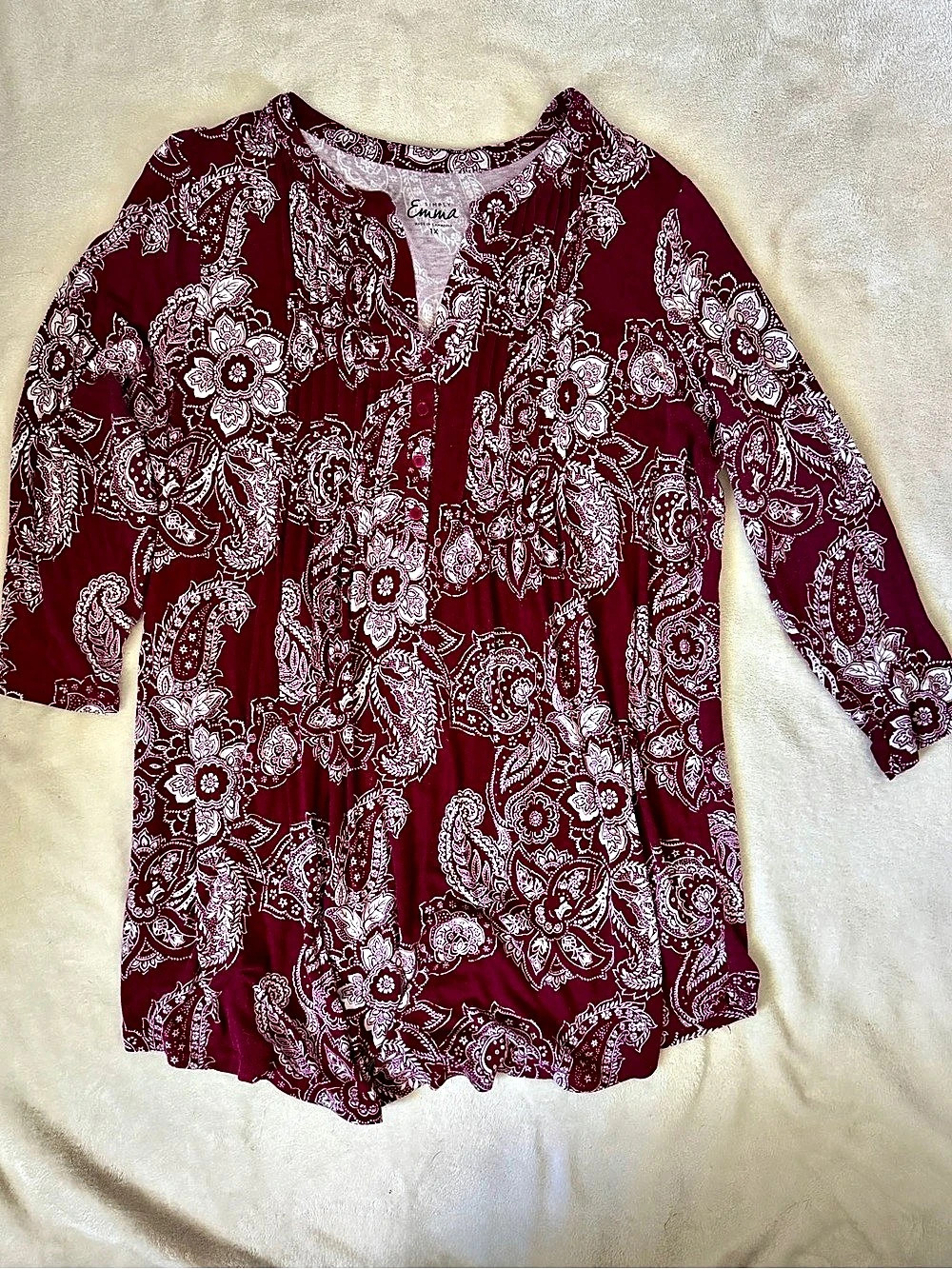 Emma Paisley Long Sleeve Tunic in Burgundy & White Size XL